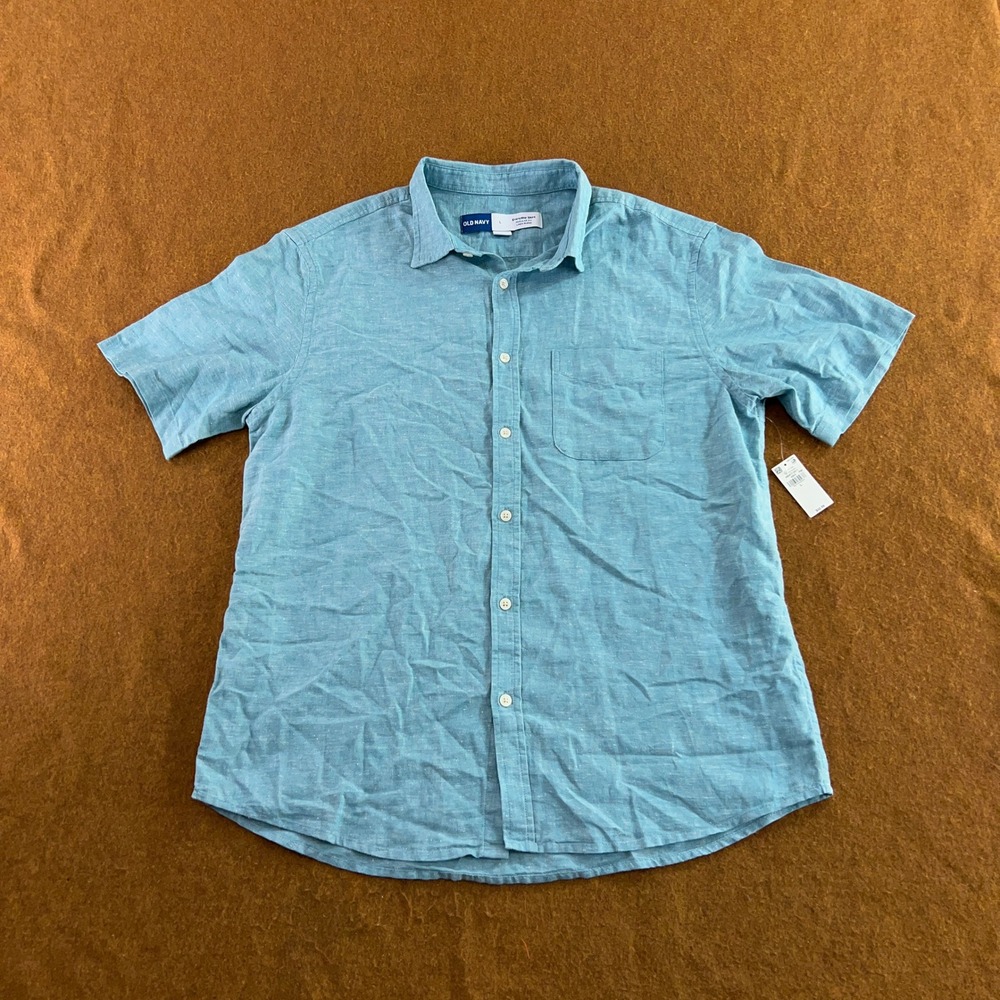 Old Navy Mens Large Blue Linen Blend Short Sleeve Everyday Button Down Shirt NWT